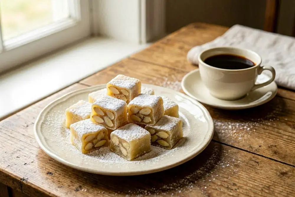 Cubes of homemade turkish delight dusted in powdered sugar, arranged on a vintage plate with a few whole almonds scattered around